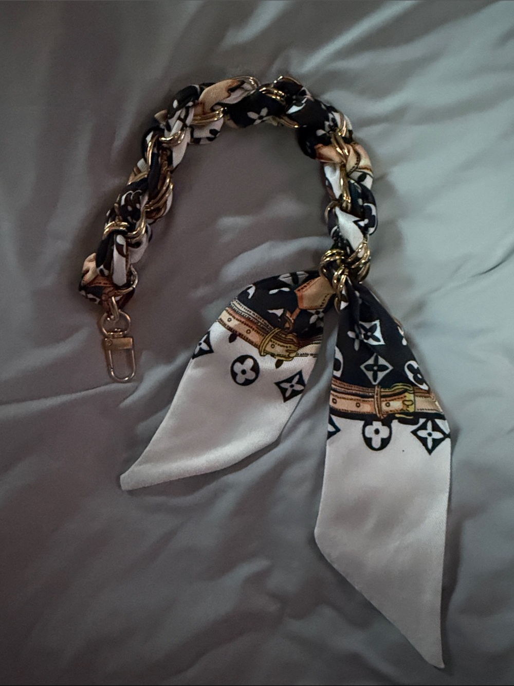Luxury-Inspired Black & White Chain Scarf Bag Charm. Louis replica